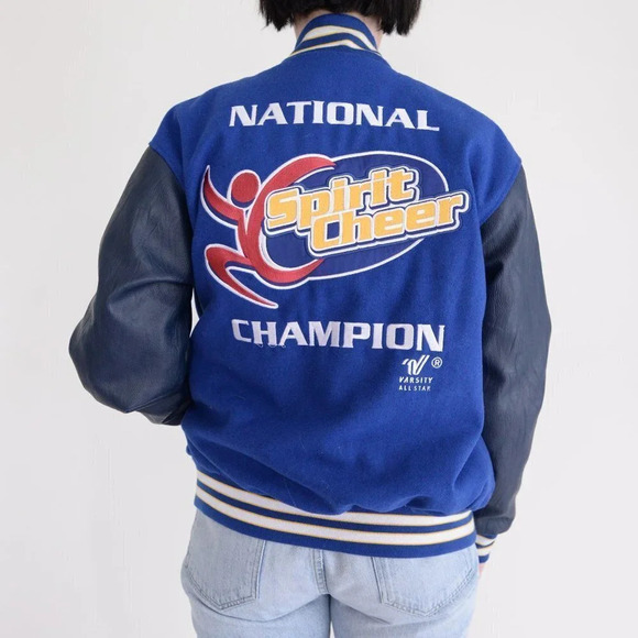 Vintage Varsity Navy Spirit Cheer 15% Wool Button Down Varsity Bomber Jacket S - Picture 3 of 12